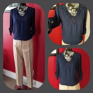 Navy Blue 1/2 sleeve Vneck Blouse NWOT